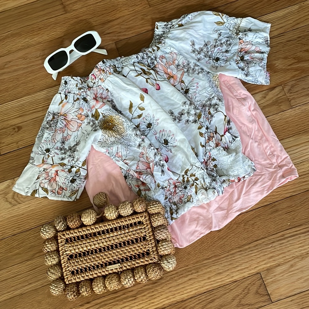 LF WHITE Floral off the shoulder popcorn peplum crop top elastic waist/sleeve